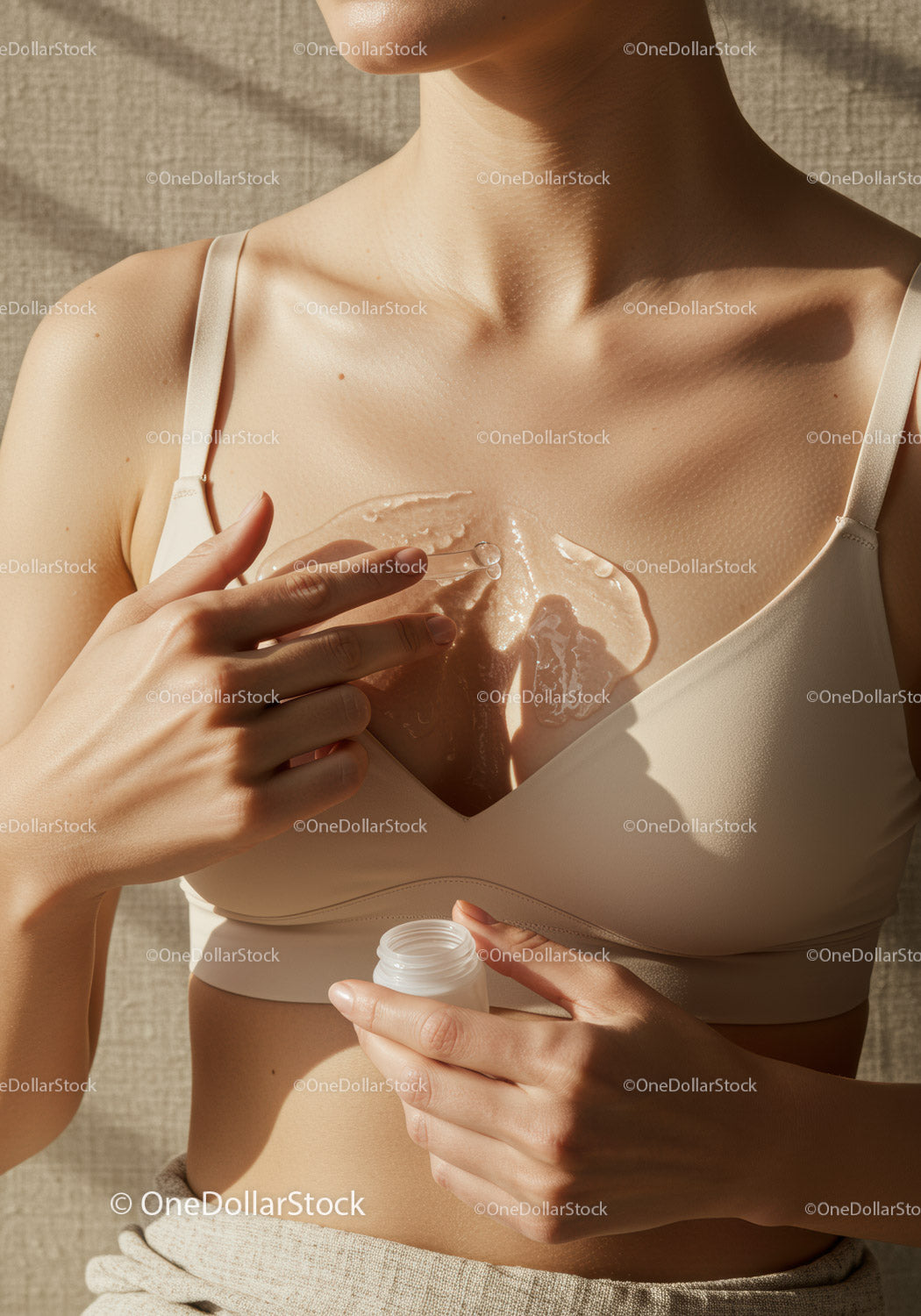 Close-Up of Woman Applying Gel on Chest for Skin Care Beauty
