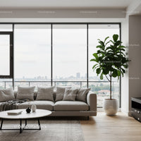 Modern Living Room with Large Windows and Fiddle Leaf Fig Plant