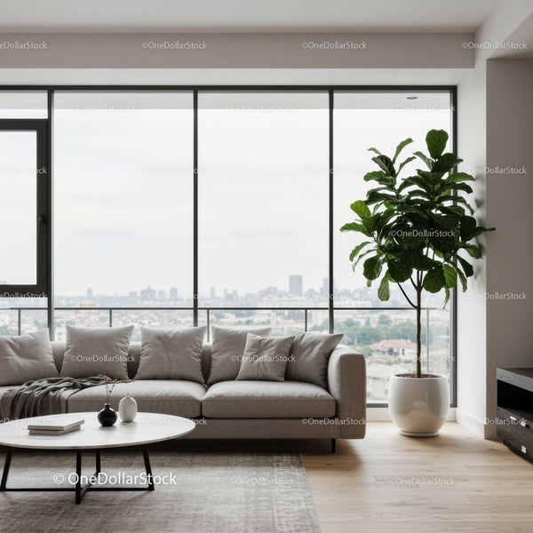Modern Living Room with Large Windows and Fiddle Leaf Fig Plant