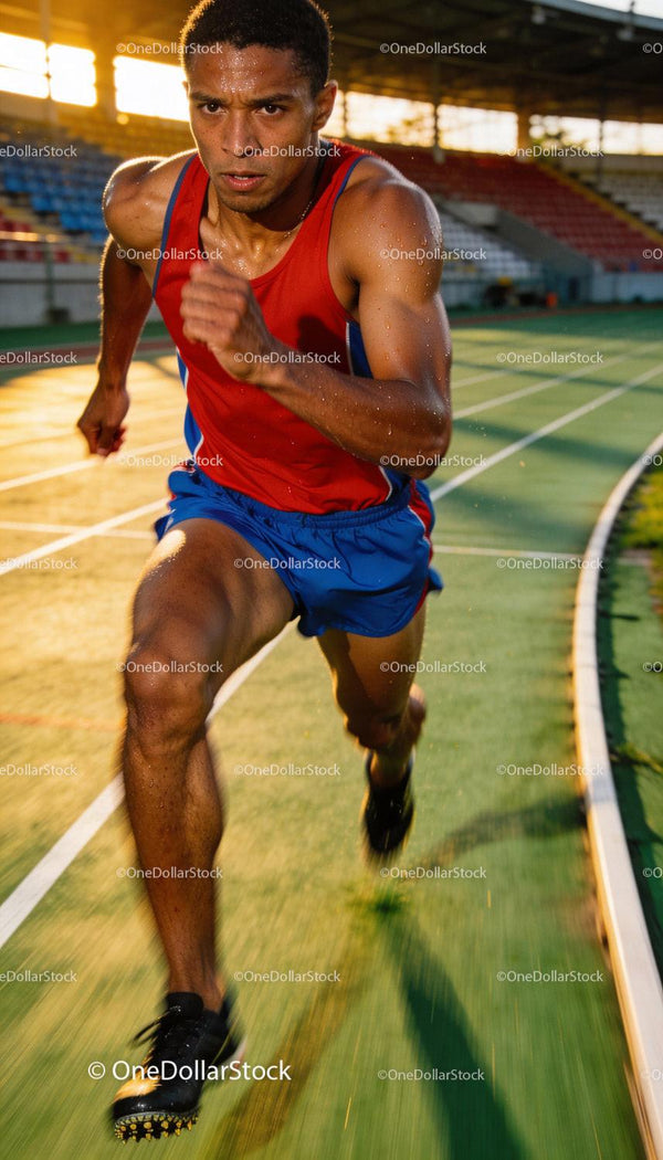Skoncentrowany męski sprinter biegnący po torze na świeżym powietrzu o zachodzie słońca