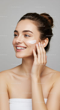 Young Woman Applying Skincare Creme with Healthy Glowing Skin