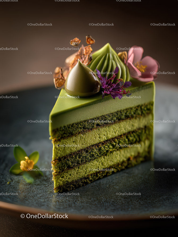 Exquisite Matcha Cake with Floral Touch and Chocolate Drizzle