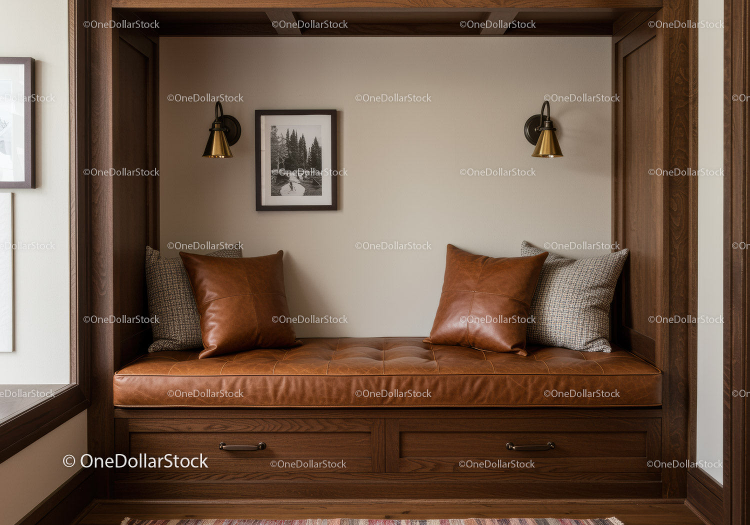 Cozy Built-in Window Bench with Leather Cushions and Decorative Lighting