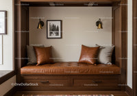 Cozy Built-in Window Bench with Leather Cushions and Decorative Lighting