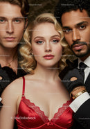 Glamorous Woman in Red Lingerie with Stylish Men in Tuxedos