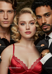 Glamorous Woman in Red Lingerie with Stylish Men in Tuxedos
