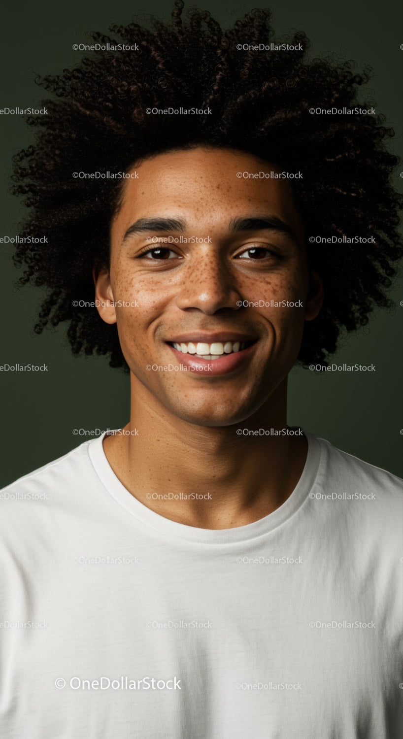 Portrait of a Happy Young Man with Curly Hair in Casual T-Shirt