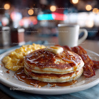 Stack of Fluffy Pancakes with Syrup and Bacon for Breakfast or Brunch
