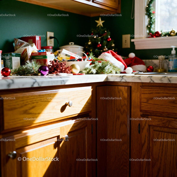 Festive kitchen countertop with holiday decorations