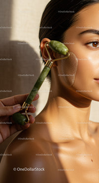 Close-up of Woman Receiving Facial Massage with Jade Roller for Skin Rejuvenation