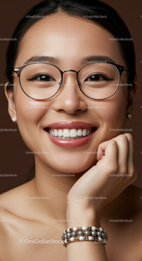 Smiling young woman wearing glasses and beaded bracelets