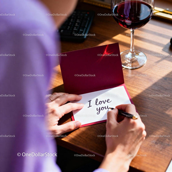 Person Writing I Love You Card By Wine Glass