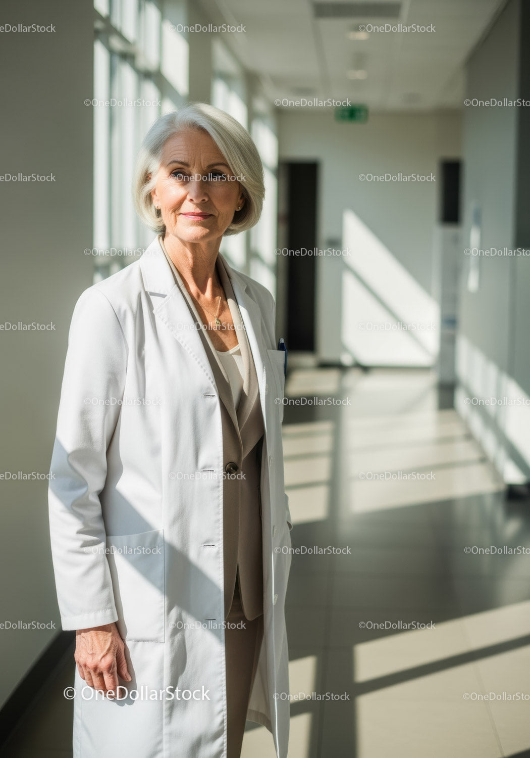 Senior Woman Healthcare Professional Standing in Modern Hospital Corridor