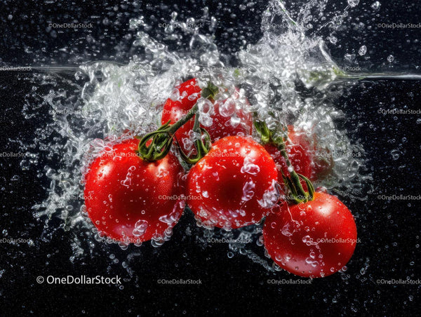 Fresh Cherry Tomatoes Splashing in Water with Vibrant Colors