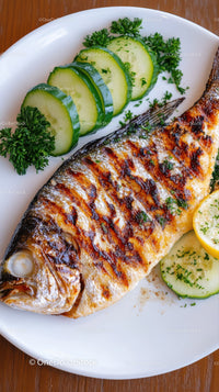 Fresh Grilled Fish with Cucumber Slices and Lemon Garnish