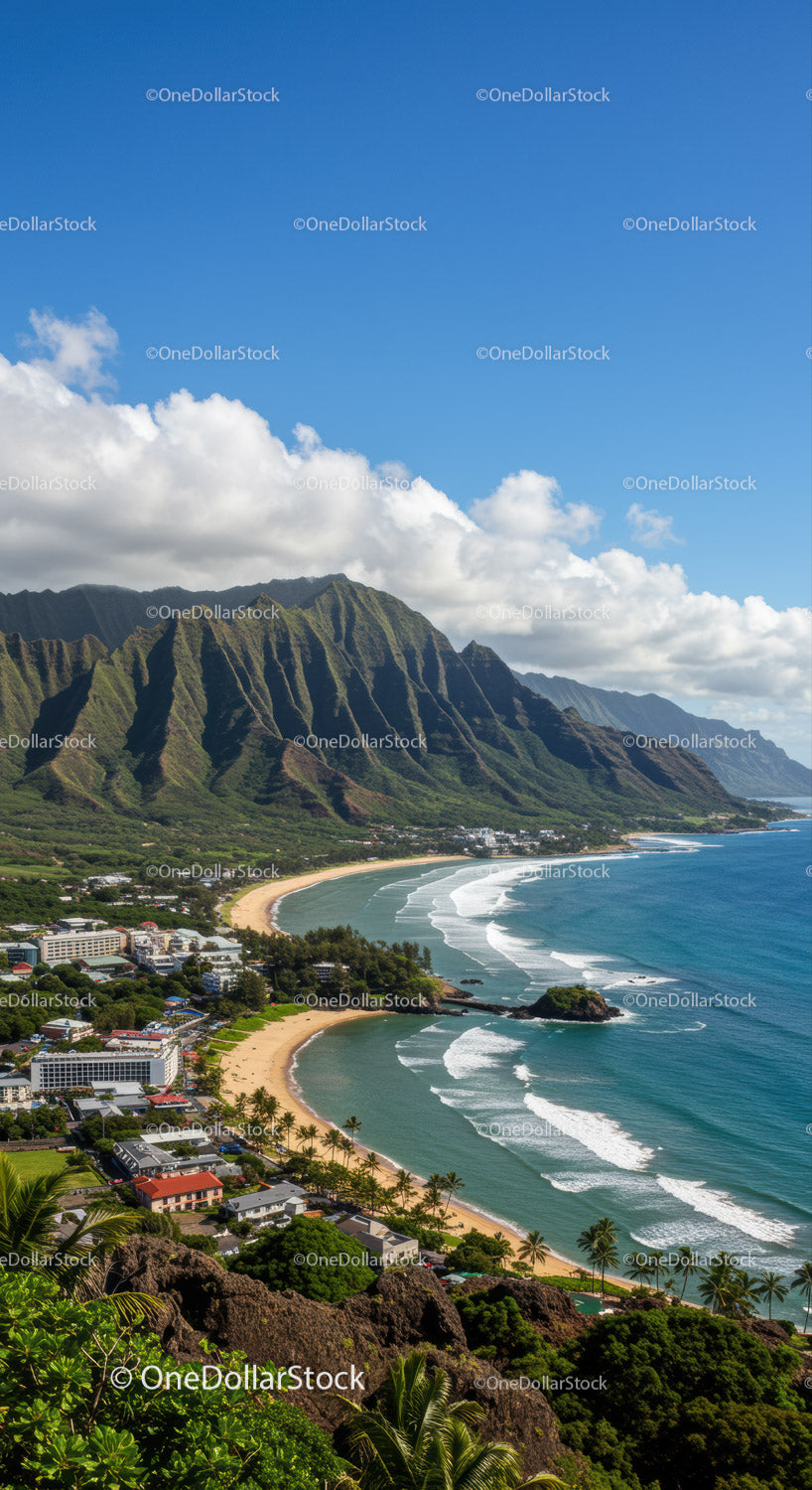 Lush Green Hills and Sandy Beach Coastal Landscape