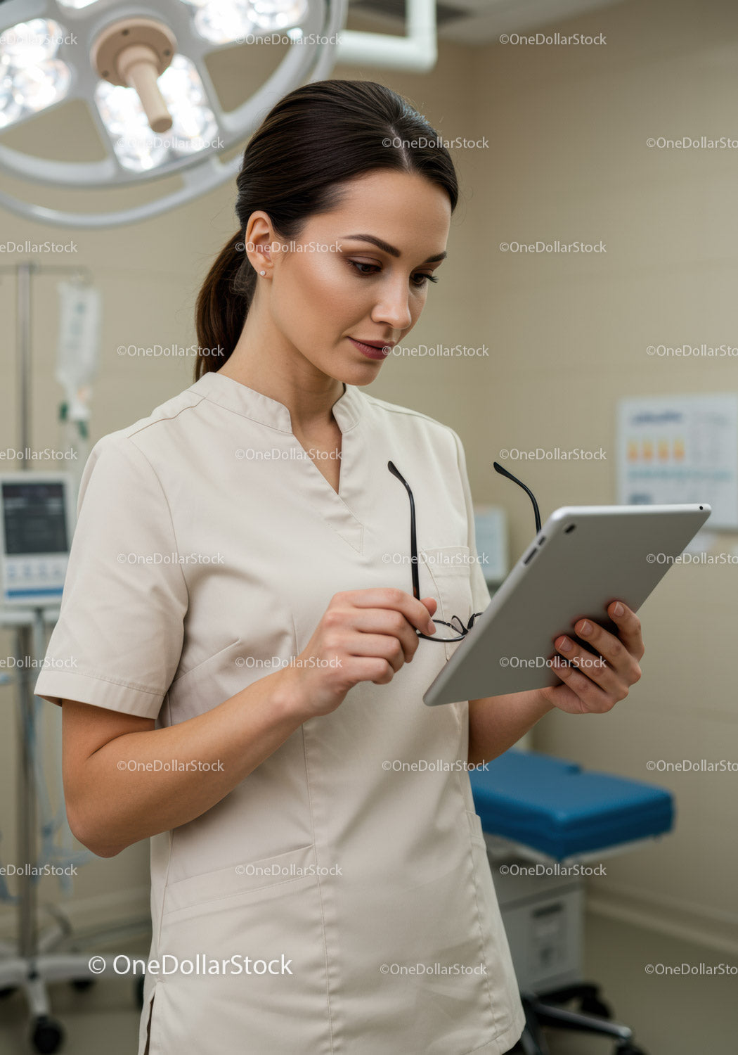 Female Nurse Using Tablet in Modern Hospital Clinic
