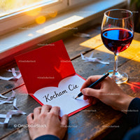 Handwriting a Romantic Love Note by Window with Wine Glass