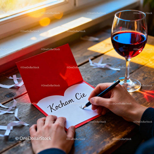 Handwriting a Romantic Love Note by Window with Wine Glass