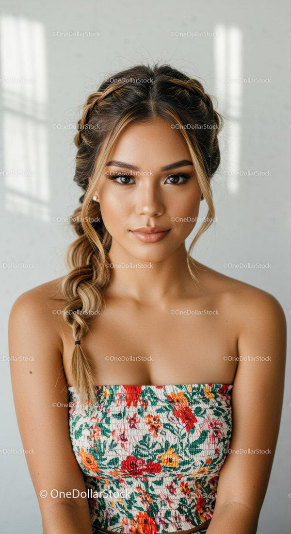 Beautiful Woman with Wavy Hair and Floral Dress in Indoor Portrait