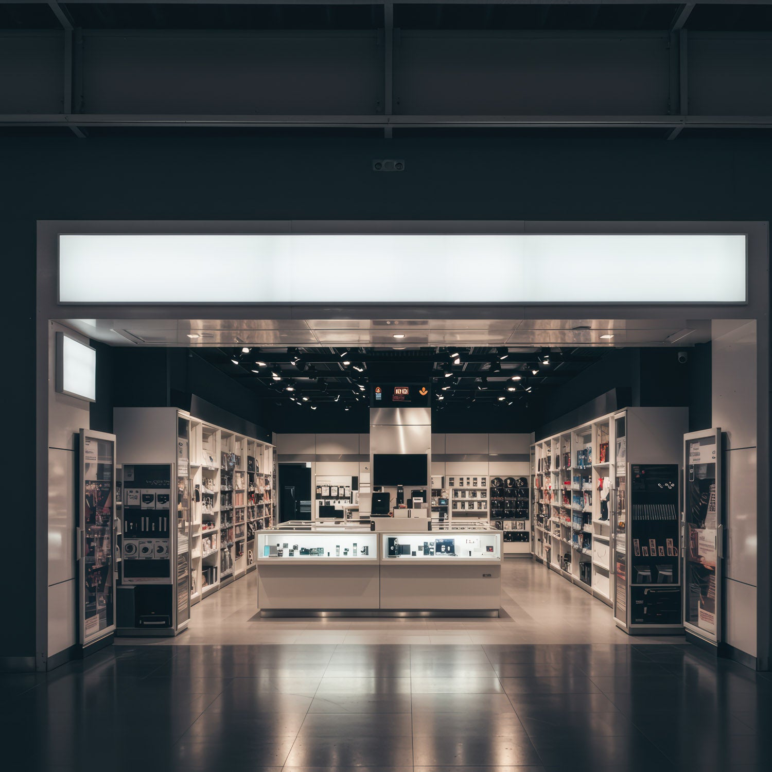 Modern Electronics Store Interior with Display Counters