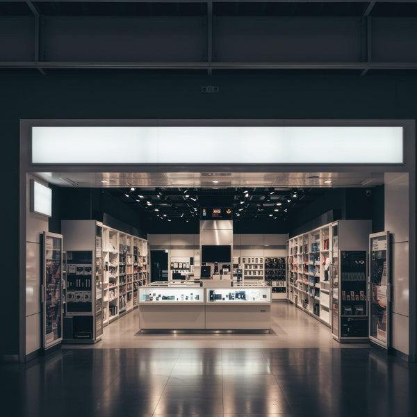 Modern Electronics Store Interior with Display Counters JPG Mockup Image