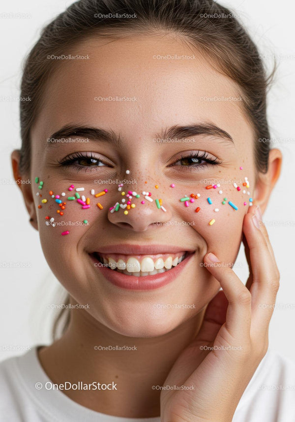 Young Woman with Face Sprinkles Expressing Joy in Bright Close-Up