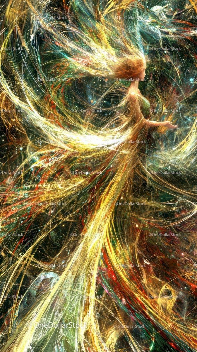 Abstract Surreal Woman Surrounded by Vibrant Cosmic Light Streams