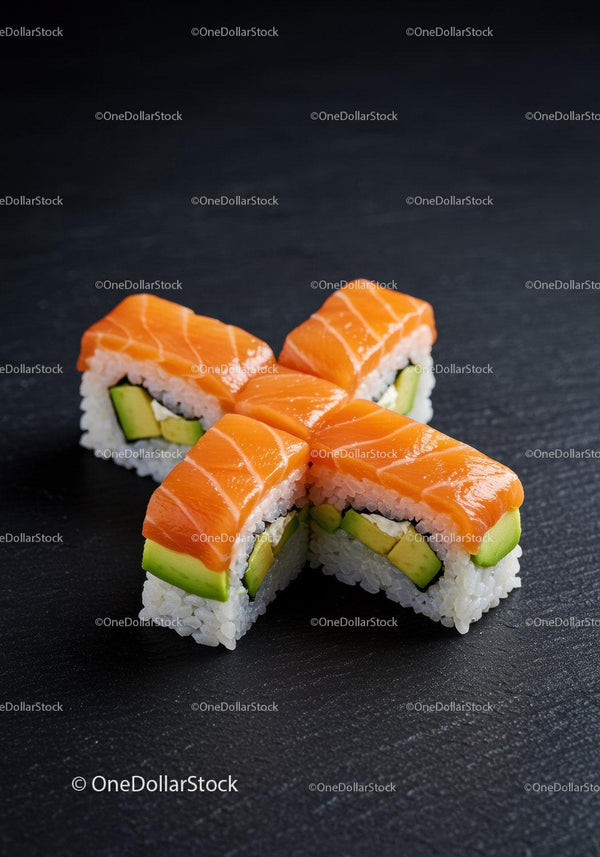 Fresh salmon avocado sushi rolls on dark slate plate