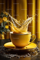 Vibrant Coffee Splash in Yellow Cup with Beans and Saucer