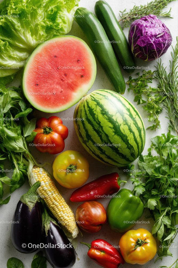 Fresh Watermelon, Zucchini, Cherry Tomatoes and Colorful Vegetables