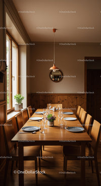 Elegant Wooden Dining Room with Modern Decor and Natural Light