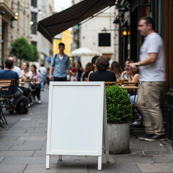 White Blank Menu Board Outside Busy Outdoor Cafe JPG Mockup Image
