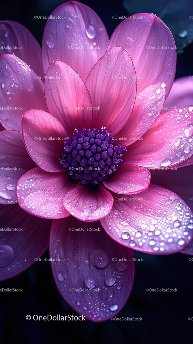 Vivid Pink Flower with Dew Drops Macro Shot