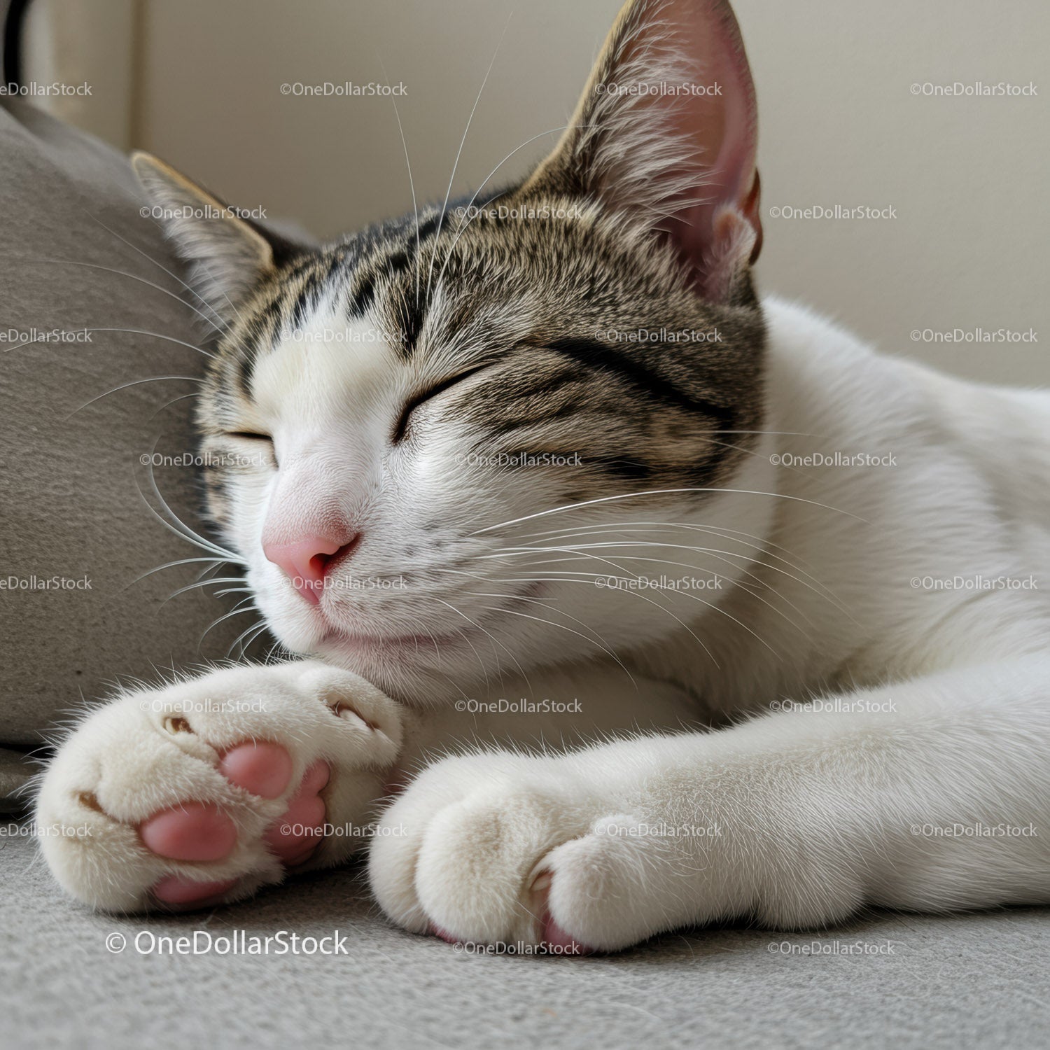 Calm tabby cat peacefully sleeping on soft surface