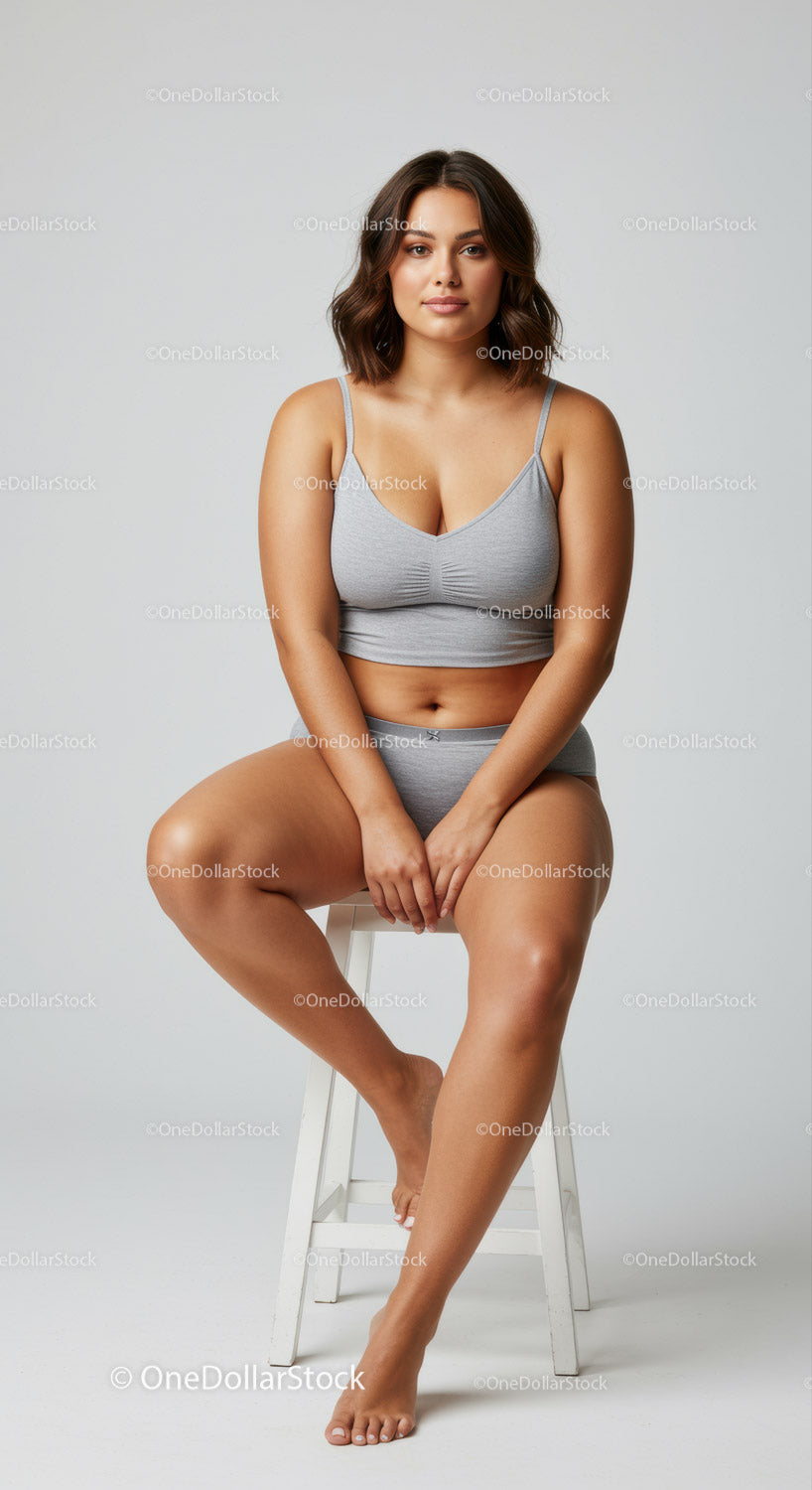Relaxed Woman Sitting on Stool Wearing Gray Sportswear in Studio