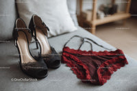Chic Black Heels and a Red Lace Dress in a Cozy Bedroom Setting