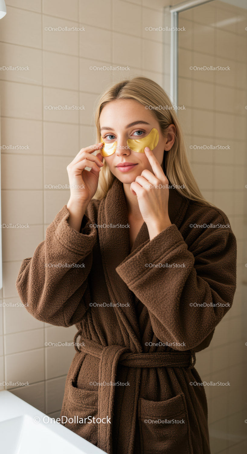 Young Woman Applying Gold Facial Masks in Bathroom for Skincare