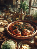 Rustic Kitchen with Roasted Chicken and Fresh Herbs in Clay Pot