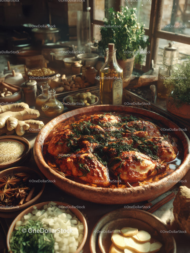 Rustic Kitchen with Roasted Chicken and Fresh Herbs in Clay Pot