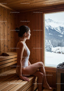 Relaxing Woman in Wooden Sauna with Snowy Mountain View