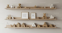 Wooden Animal and House Toy Set on Minimalist Nursery Shelves