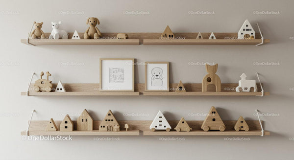 Wooden Animal and House Toy Set on Minimalist Nursery Shelves