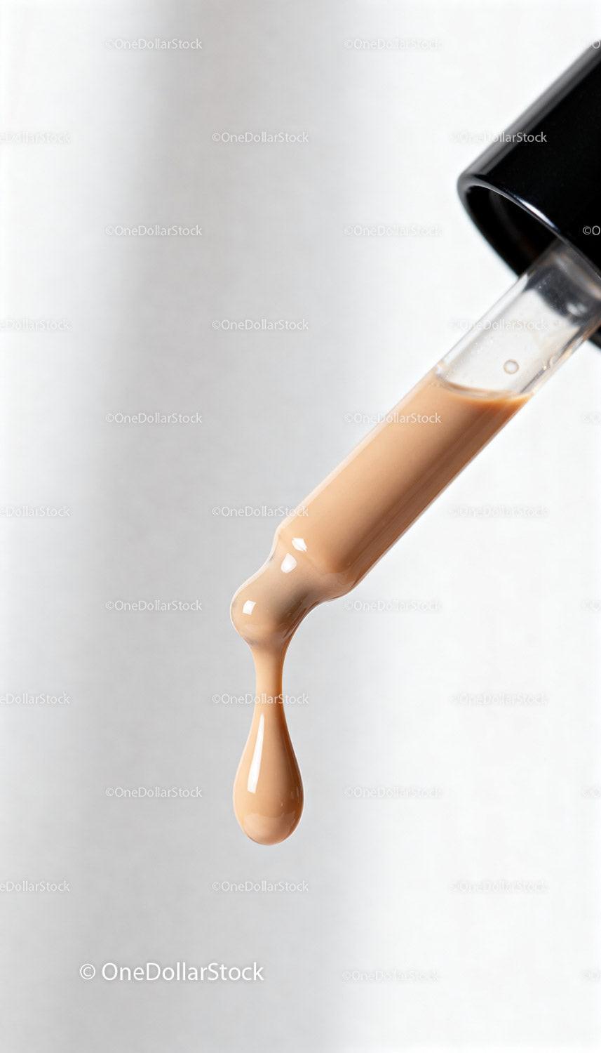 Close up of beige liquid foundation drop on applicator