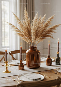 Elegant Dining Table with Pampas Grass and Candle Decor