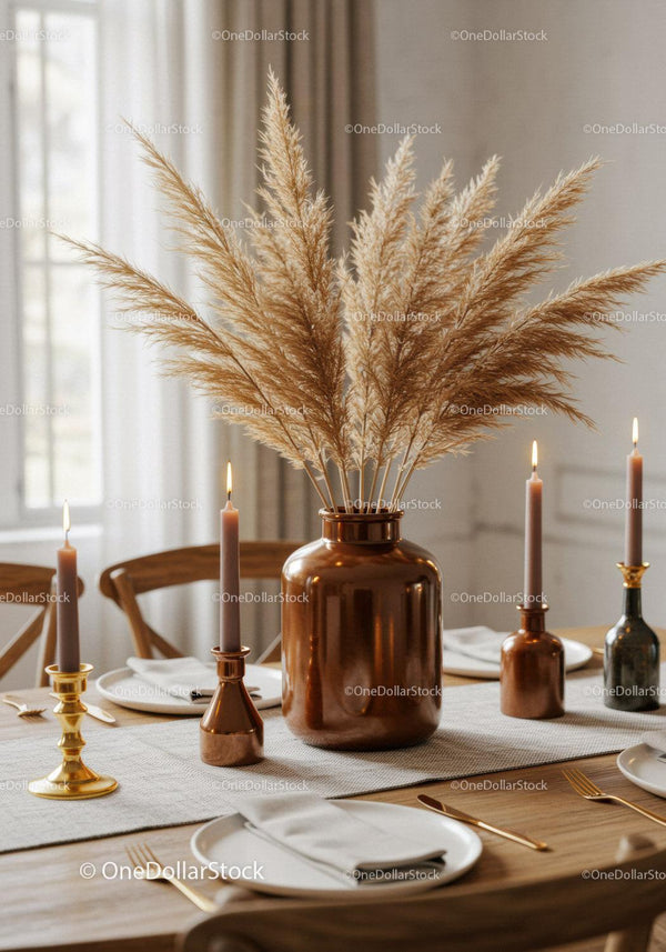 Elegant Dining Table with Pampas Grass and Candle Decor