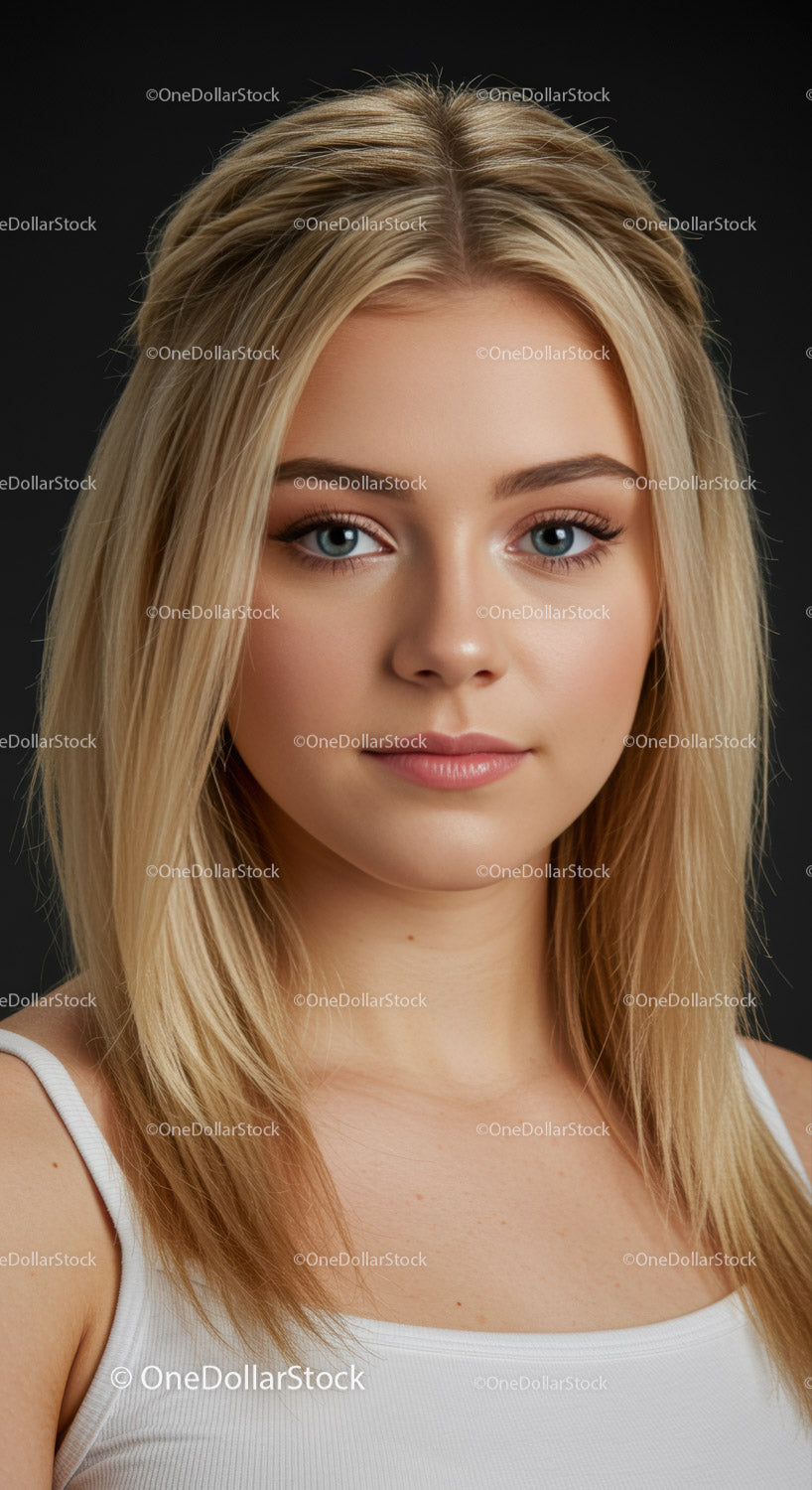 Młoda kobieta z naturalnym makijażem i blond włosami