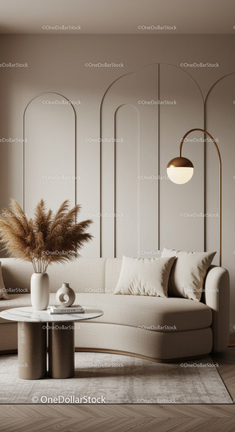 Przytulny beżowy salon z nowoczesną, wygiętą sofą i wystrojem