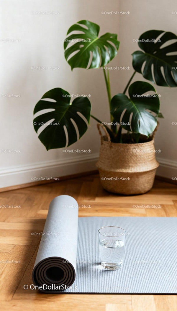 Rolled yoga mat with water glass by tropical plant