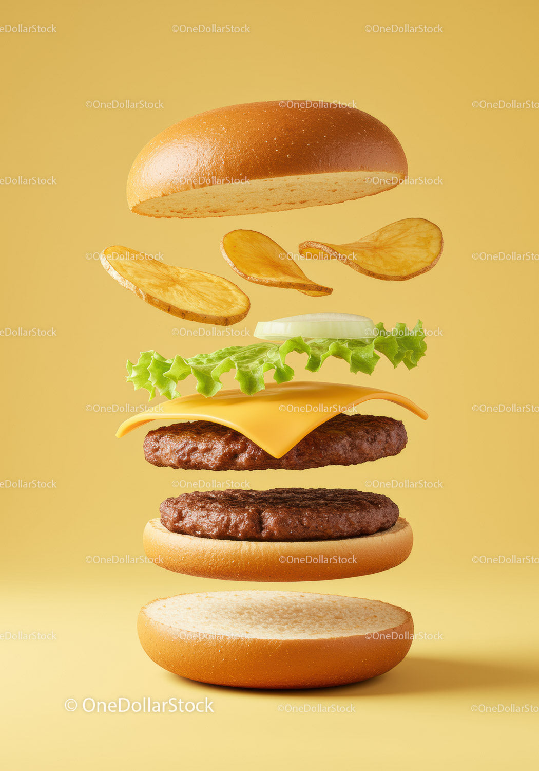 Deconstructed cheeseburger with potato chips and fresh vegetables
